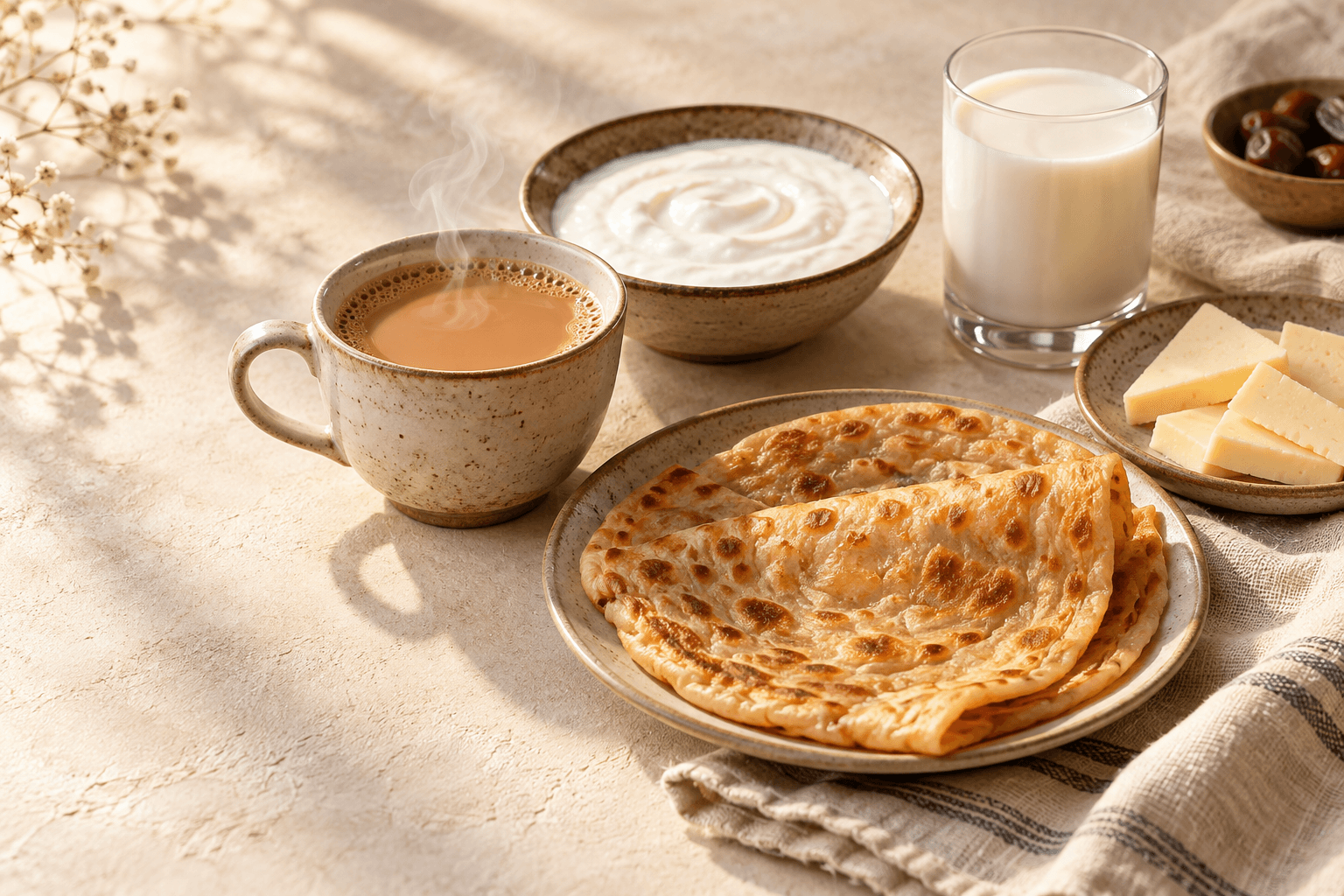Illustrative breakfast with chai, yogurt, milk, cheese and paratha